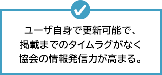 ユーザ自身で更新可能で、掲載までのタイムラグがなく協会の情報発信力が高まる。